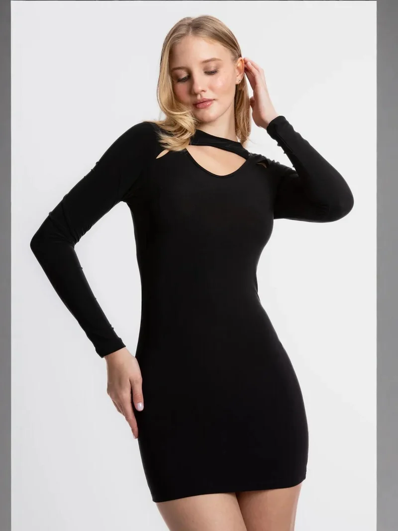 HICCUP Round Neck Cut Out Long Sleeve Mini Bodycon Dress