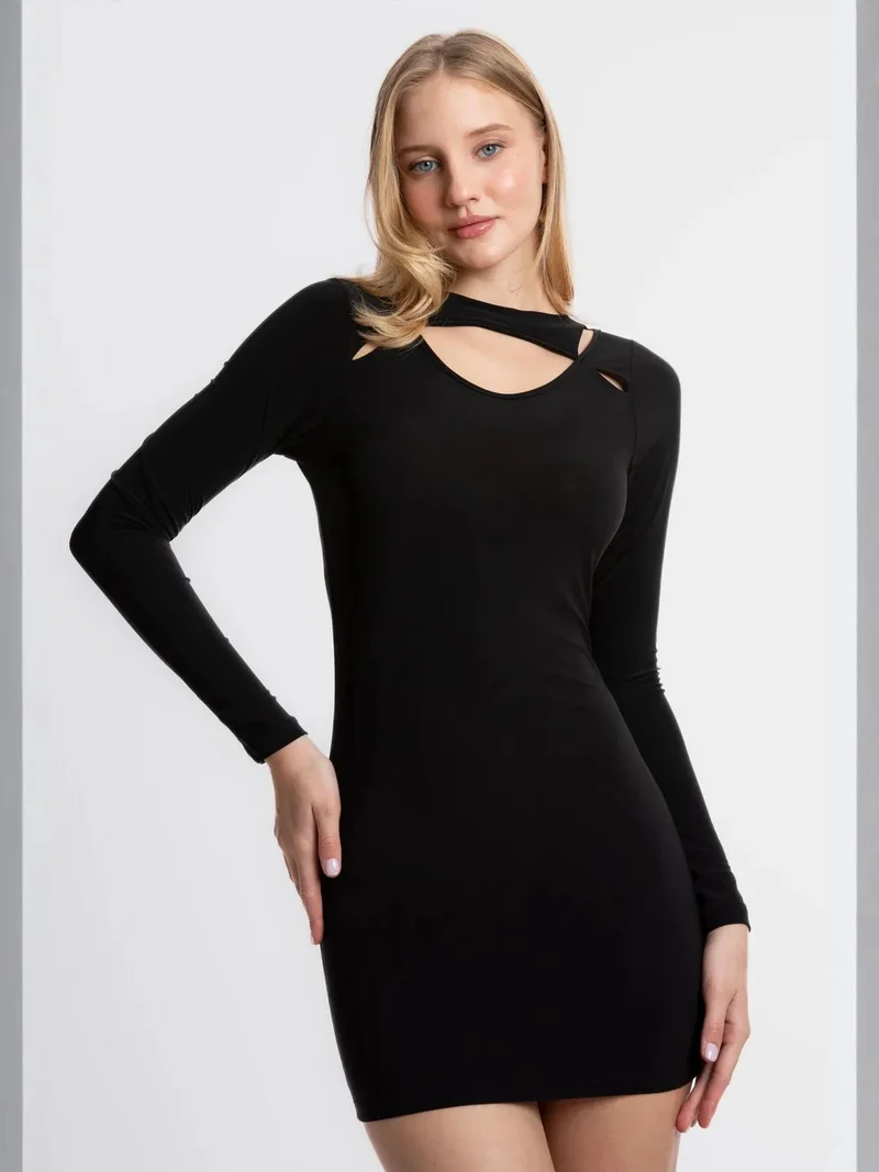 HICCUP Round Neck Cut Out Long Sleeve Mini Bodycon Dress