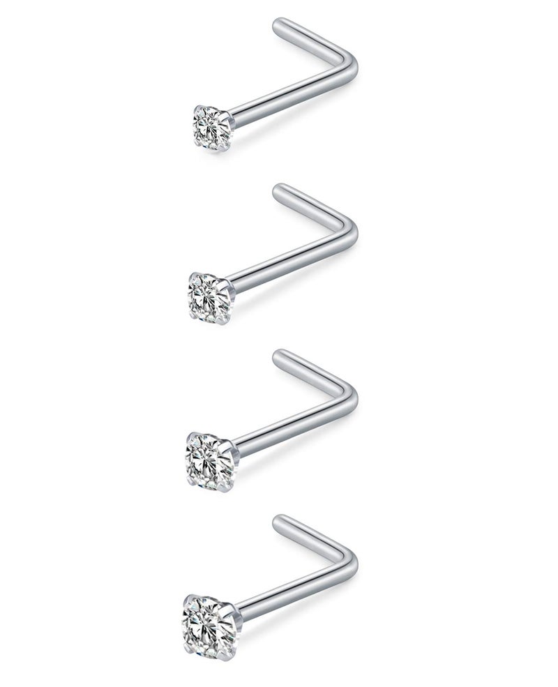 MODRSA Nose Studs, 18g L Shaped Stainless Steel Nose Rings, 4pcs Nostril Piercing Stud Set with Cubic Zirconia, Hypoallergenic Nose Studs for Women - Image 1