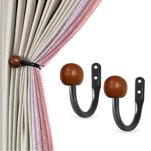 Colornest 2 Pcs Curtain Holdbacks – Metal Curtain Tiebacks with Wooden Ball Finials | Decorative Wall Mounted Drapery Hooks for Living Room, Bedroom – Black - Image 1