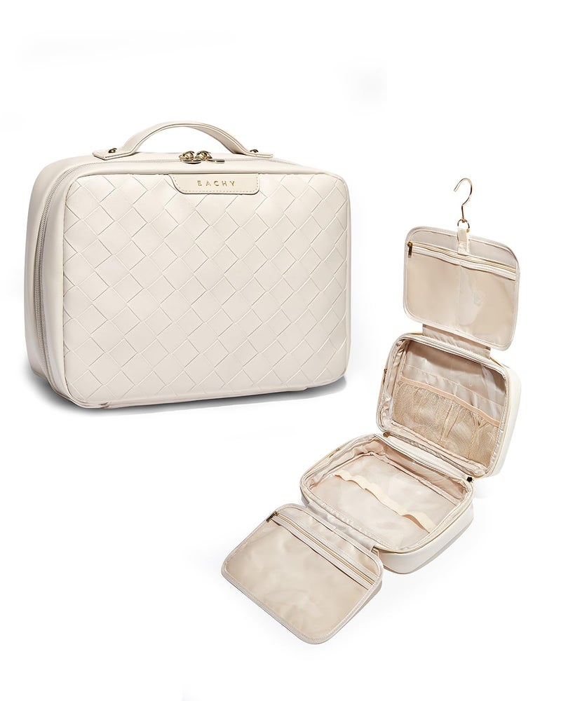 EACHY Travel Toiletry Bag with Hanging Hook, Portable Makeup Cosmetic Bags for Women, Water-Resistant Full-Size Travel Accessories (Plait White) - Image 1