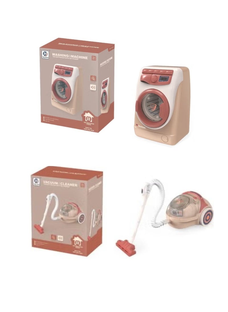 فاميلي مجموعة ألعاب التنظيف للأطفال مكنسة كهربائية صغيرة وغسالة ملابس مع صوت وضوء لعبة تظاهرية تعليمية تفاعلية أفضل هدية للأولاد والبنات - Image 2