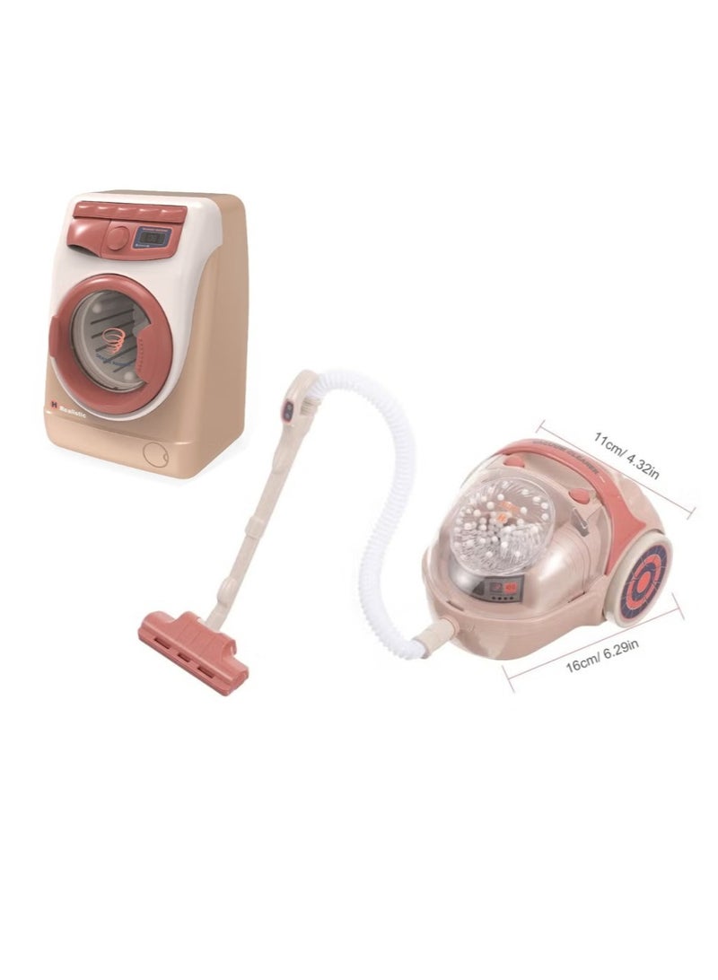 فاميلي مجموعة ألعاب التنظيف للأطفال مكنسة كهربائية صغيرة وغسالة ملابس مع صوت وضوء لعبة تظاهرية تعليمية تفاعلية أفضل هدية للأولاد والبنات - Image 1