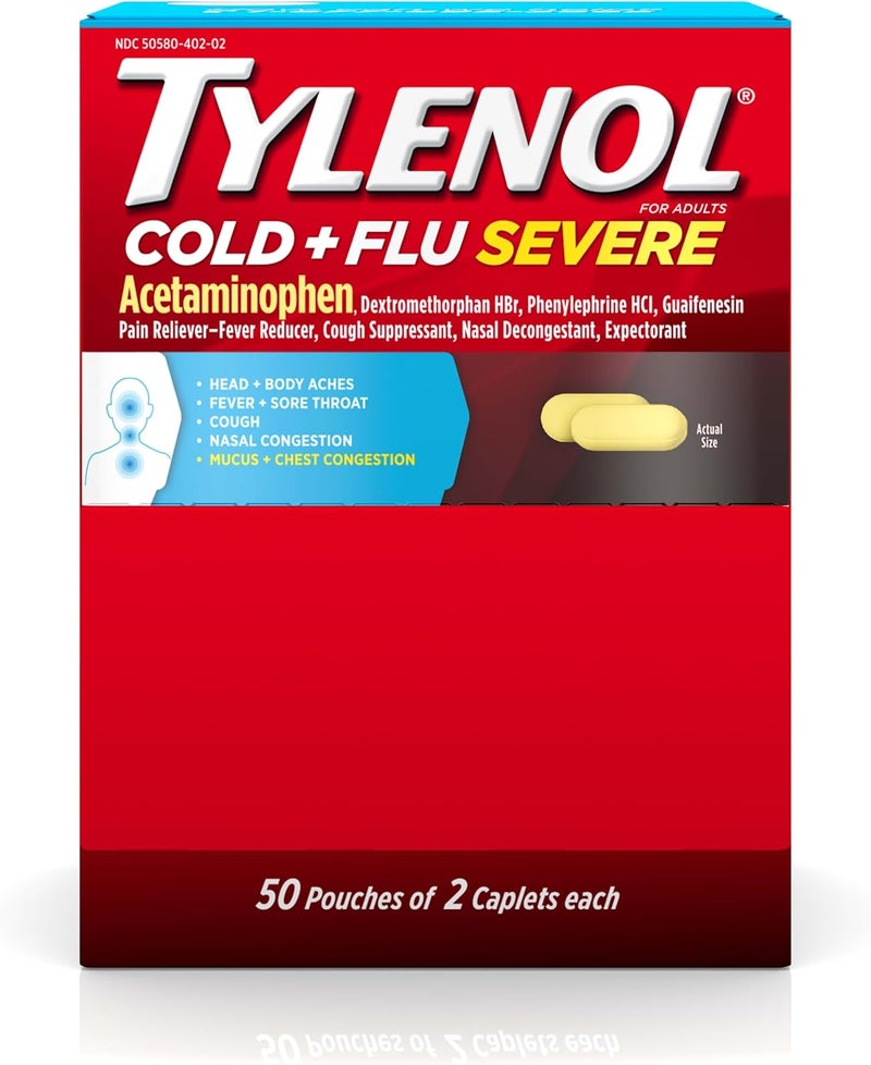 Tylenol Tylenol Cold + Flu Severe Medicine Caplets for Cold & Flu Symptom Relief, Fever Reducer, Pain Reliever, Cough Suppressant, Nasal Decongestant & Expectorant, 50 Pouches of 2 ct. 