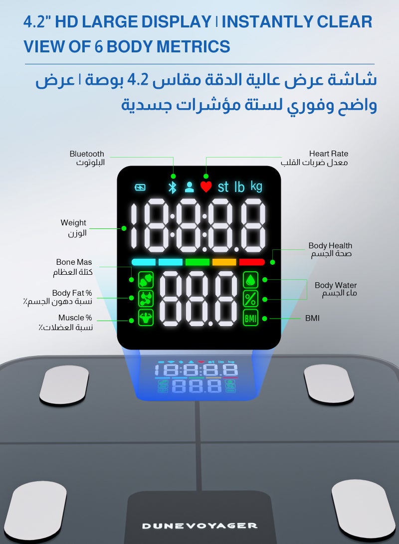 DuneVoyager LED Personal Scale, Heart Rate Smart Scale, Screen Display Scales For Body Weight And Fat, High Accurate Body Fat Scale Digital Bluetooth Bathroom Scale, 25 Body Composition Including Weight, Body Fat, Bmi, Muscle And Bone Mass, Etc, Graduation Value 0.05kg/0.1lb, Maximum 180kg/396lb, Ipx5 Waterproof, 120 Days Use Time, 280*280*24mm With Application  - Image 2