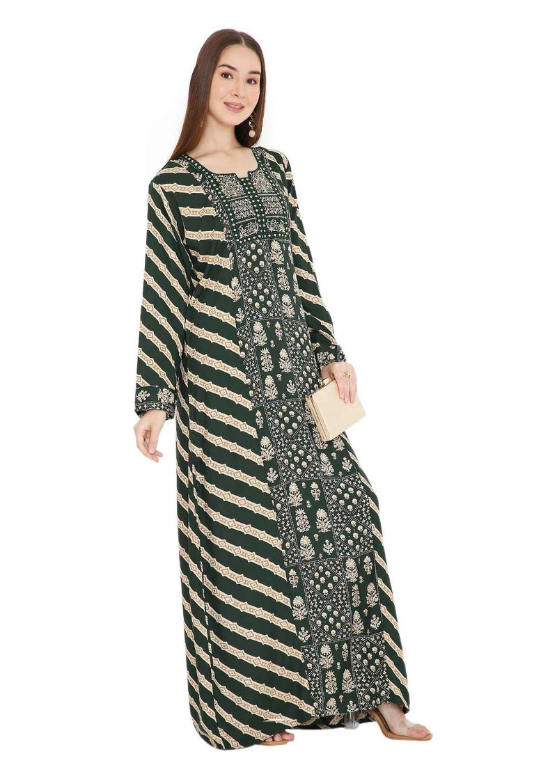 HANA & SARA UNIQUE STYLE PRINTED WITH THREAD EMBROIDERY LONG VISCOSE ARABIC KAFTAN JALABIYA DRESSES  - Image 1
