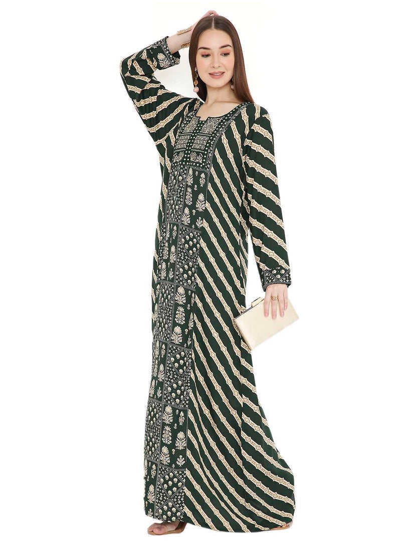 HANA & SARA UNIQUE STYLE PRINTED WITH THREAD EMBROIDERY LONG VISCOSE ARABIC KAFTAN JALABIYA DRESSES  - Image 4