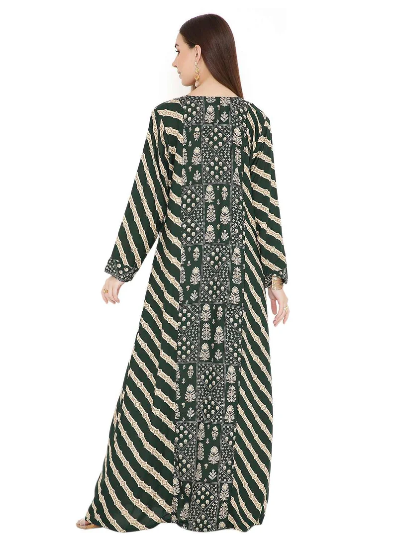 هانا آند سارا UNIQUE STYLE PRINTED WITH THREAD EMBROIDERY LONG VISCOSE ARABIC KAFTAN JALABIYA DRESSES