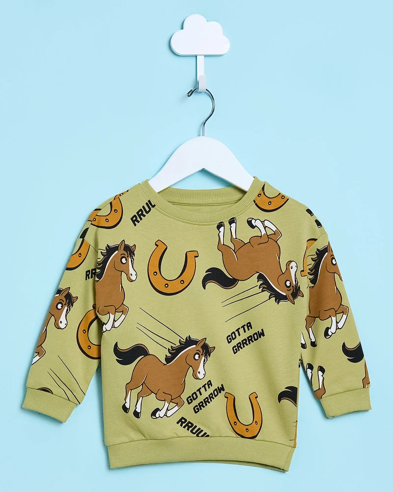 REDTAG Infant Boys Green Printed Sweatshirt