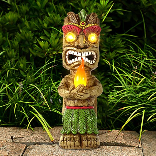 MIBUNG 13" Tall Solar Torch Tiki Garden Statue, Resin Large Tiki Decor Figurine with Solar Lights, Hawaiian Tiki Man, Outdoor Patio Yard Lawn Bar Party Beach Pool Pond Decoration, Valentine's Day Gift - Image 1