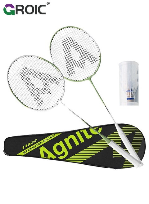Badminton Set - 2 Badminton Rackets & 3 Badminton shuttlecocks & Carrying Bag, Professional Graphite Badminton Racket Lightweight & high Performance for Sports (Green and White)