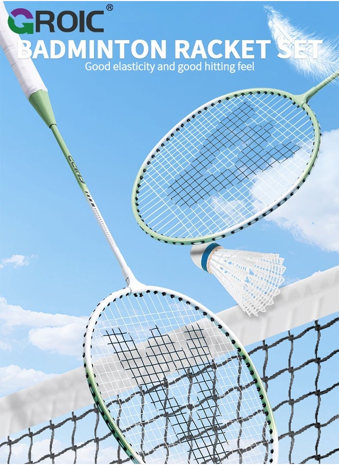 GROIC - Badminton Set - 2 Badminton Rackets & 3 Badminton shuttlecocks & Carrying Bag, Professional Graphite Badminton Racket Lightweight & high Performance for Sports (Green and White) - Image 1