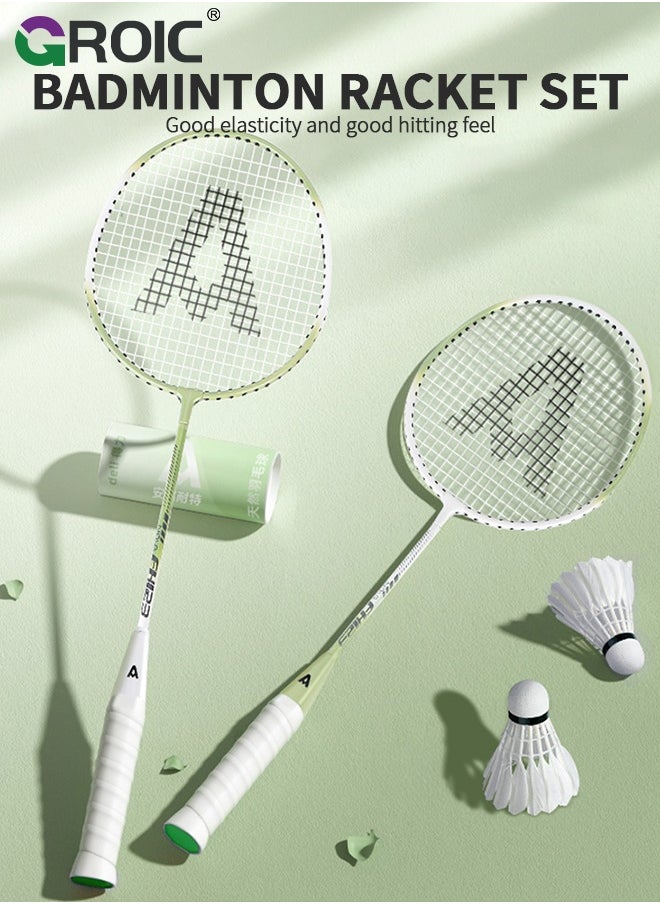 GROIC - Badminton Set - 2 Badminton Rackets & 3 Badminton shuttlecocks & Carrying Bag, Professional Graphite Badminton Racket Lightweight & high Performance for Sports (Green and White) - Image 1