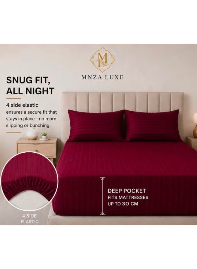 MNZA LUXE 1cm Strip Microfibre Fitted Bedsheet Set, 1 Fitted Sheet + 2 Pillow Covers | Ultra Soft, Breathable & Wrinkle Resistant | Maroon - Image 1