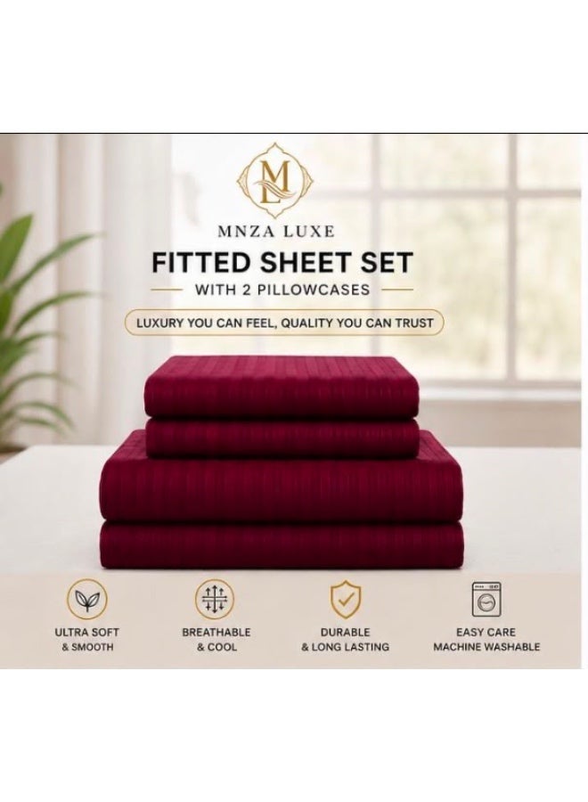 MNZA LUXE 1cm Strip Microfibre Fitted Bedsheet Set, 1 Fitted Sheet + 2 Pillow Covers | Ultra Soft, Breathable & Wrinkle Resistant | Maroon - Image 4