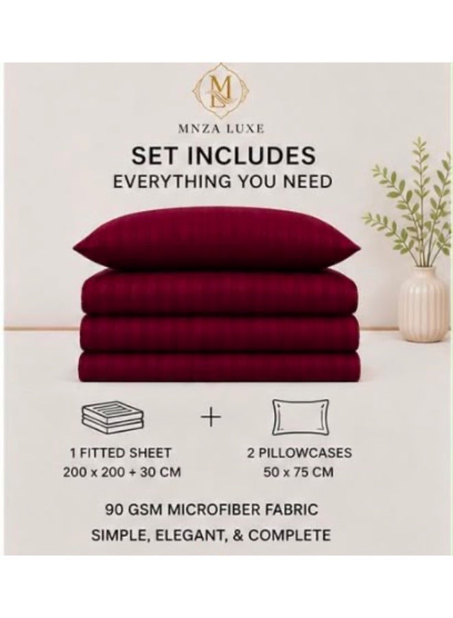MNZA LUXE 1cm Strip Microfibre Fitted Bedsheet Set, 1 Fitted Sheet + 2 Pillow Covers | Ultra Soft, Breathable & Wrinkle Resistant | Maroon - Image 2