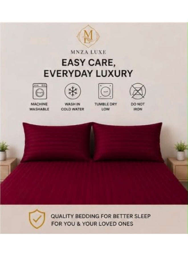 MNZA LUXE 1cm Strip Microfibre Fitted Bedsheet Set, 1 Fitted Sheet + 2 Pillow Covers | Ultra Soft, Breathable & Wrinkle Resistant | Maroon - Image 3