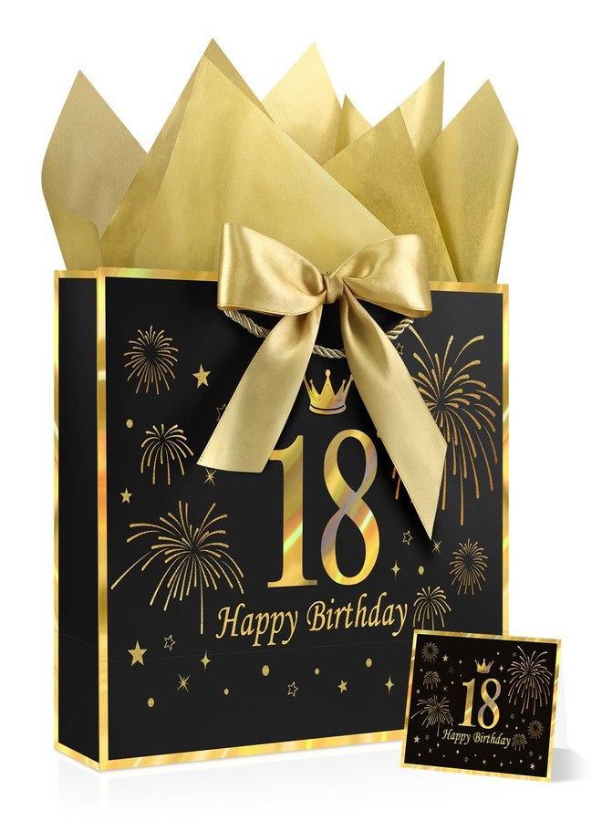 YoungTree 18th Birthday Gift Bag with Tissue Papers and 1 Greeting Card Ribbon,Portable Paper Gift Bags with Handles,Black Gold Present Bags for 18th Birthday Decorations Supplies 12.6" x 9.8" x 4.3" - Image 1