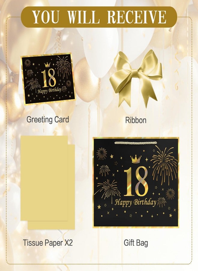 YoungTree 18th Birthday Gift Bag with Tissue Papers and 1 Greeting Card Ribbon,Portable Paper Gift Bags with Handles,Black Gold Present Bags for 18th Birthday Decorations Supplies 12.6" x 9.8" x 4.3" - Image 3