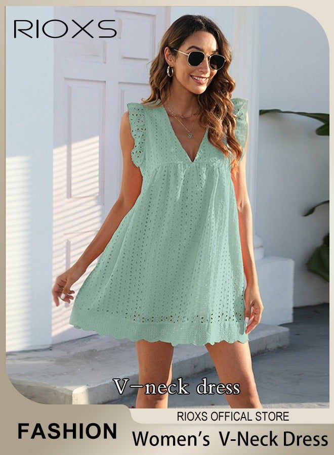 RIOXS Women Mini Dress, V-Neck Sleeveless Dress with Back Zipper, Lace Up Smocking Ruffle Short Slip Dress, Elegant Summer Dress, Suitable for Beach Vacation, Party, Swimpool and Daily Life  - Image 1