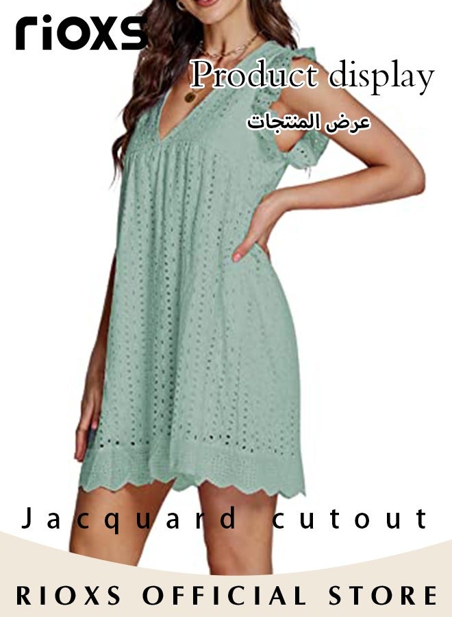RIOXS Women V Neck Ruffle Short Sleeve Mini Dress, Summer Breathable Hollow Out Eyelet A Line Dress for Ladies, Loose Fit Comfortable Flowy Ruffle Dress, Suitable for Beach Vacation, Party, Swimpool and Daily Life, Green - Image 5