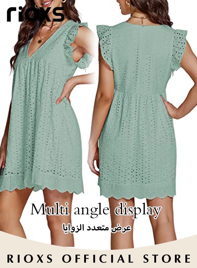 RIOXS Women V Neck Ruffle Short Sleeve Mini Dress, Summer Breathable Hollow Out Eyelet A Line Dress for Ladies, Loose Fit Comfortable Flowy Ruffle Dress, Suitable for Beach Vacation, Party, Swimpool and Daily Life, Green - Image 3
