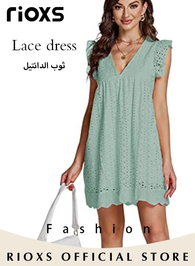 RIOXS Women V Neck Ruffle Short Sleeve Mini Dress, Summer Breathable Hollow Out Eyelet A Line Dress for Ladies, Loose Fit Comfortable Flowy Ruffle Dress, Suitable for Beach Vacation, Party, Swimpool and Daily Life, Green - Image 4
