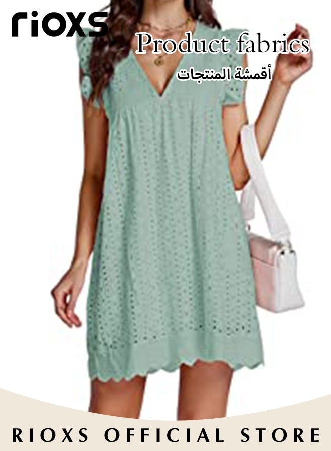 RIOXS Women V Neck Ruffle Short Sleeve Mini Dress, Summer Breathable Hollow Out Eyelet A Line Dress for Ladies, Loose Fit Comfortable Flowy Ruffle Dress, Suitable for Beach Vacation, Party, Swimpool and Daily Life, Green - Image 2