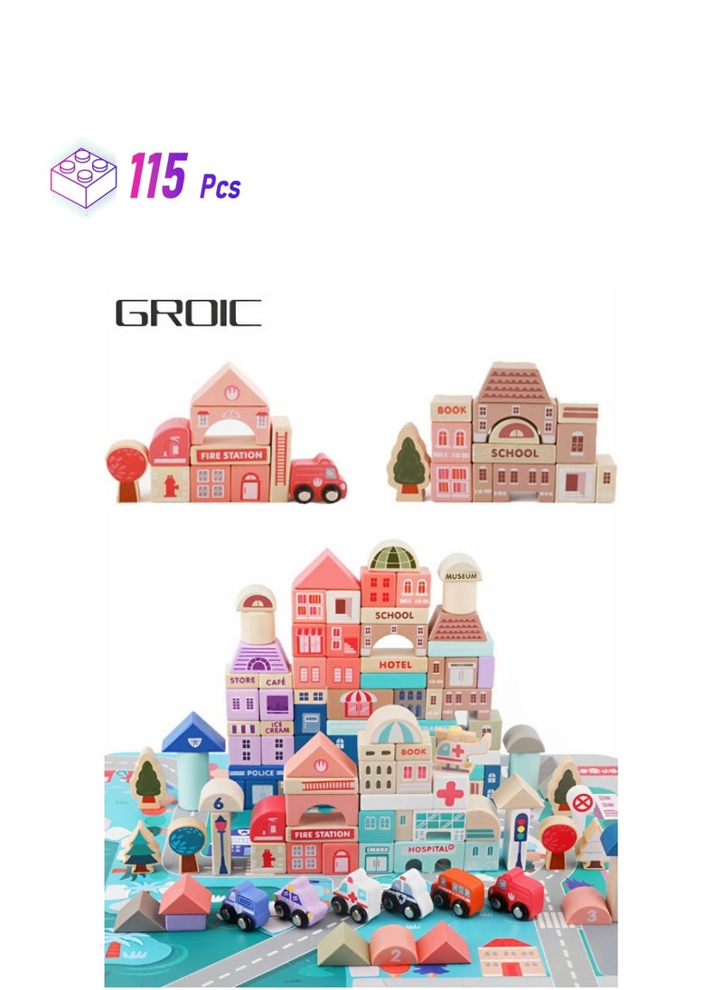 GROIC 115 PCS Wooden Building Blocks with City Map Construction Building Sets,Wooden Toddler Toys,Preschool Learning Educational Toys,Stacking Blocks Montessori Toys for Kids  - Image 1