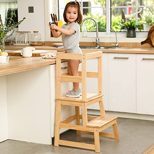 Wiifo Kids Kitchen Step Stool for Kids with Safety RailSolid Wood Construction Toddler Learning Stool Montessori Toddlers Kitchen Stool TowerNatural