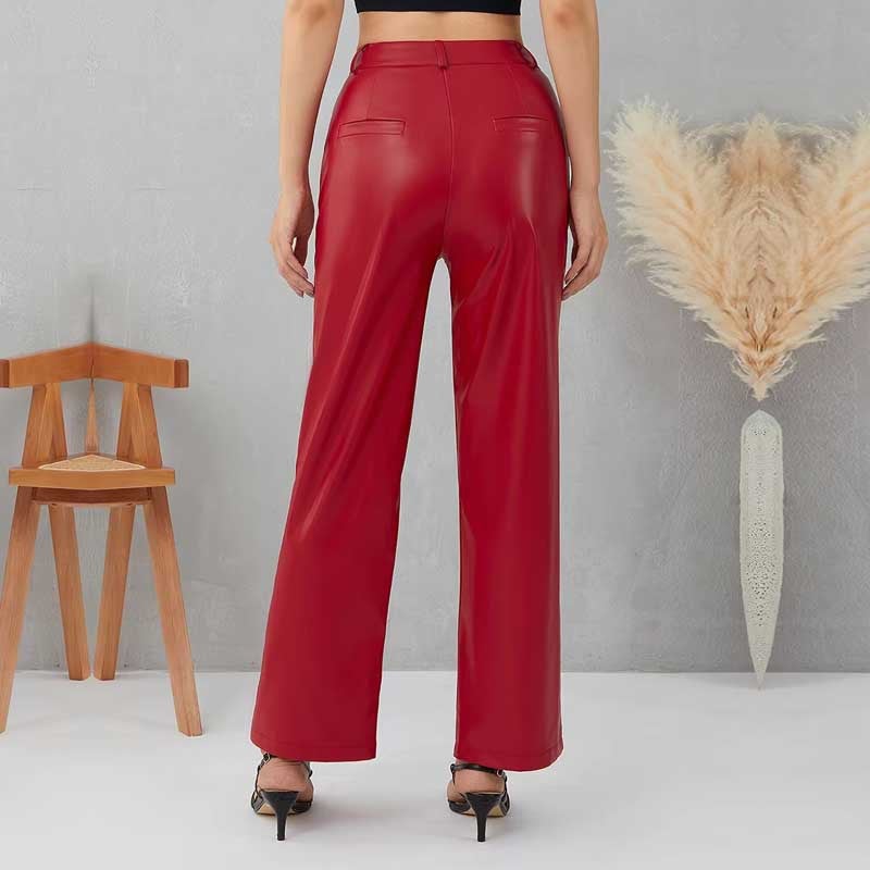 صدر جديد بنطلون جلد صناعي نسائي فضفاض عادي بنطلون جلد عالي الخصر الآن - Image 4