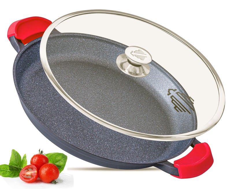 Paella Pan  Glass Lid NonStick  Anti Scratch  Removable Silicone Handles  Ceramic Coating Chemical Free  Induction  Oven Safe  HeavyDuty  StainlessSteel Base Black 36 CM