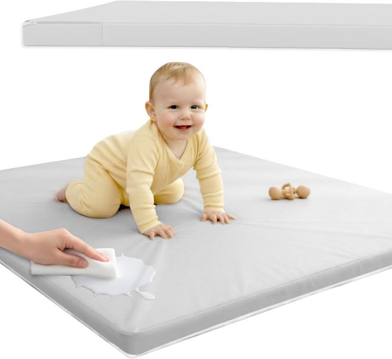 Sleepah Vegan Leather Baby Play Mat, 50x50 Thicken Foam Cushioned & Waterproof Playpen Mat for Infants and Toddlers, Stylish and Just Wipe-Clean Playmat for Baby Play on Floor Grey - Image 1