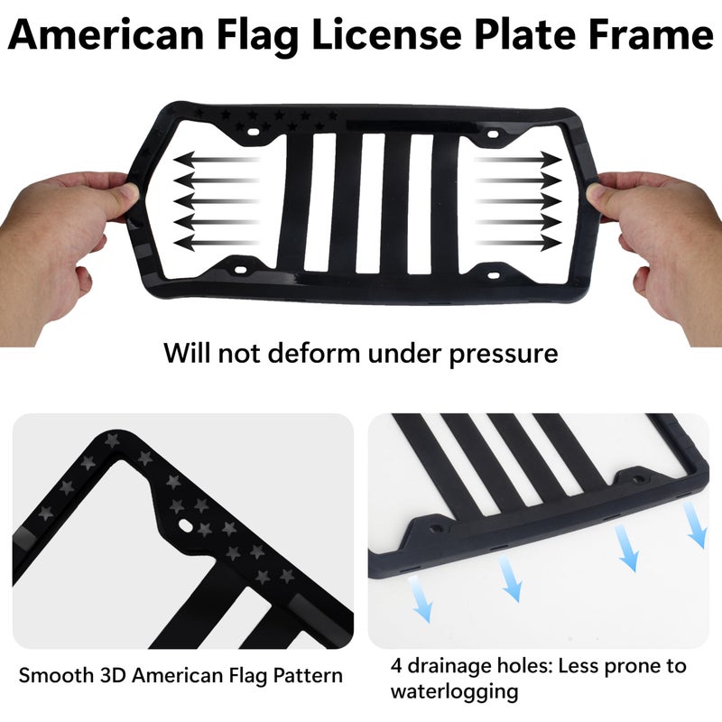 ecocstm Silicone License Plate Frame, Black American Flag License Plate Frame, Rubber Licence Plate Frame Holder, 3D Stars and Stripes USA Flag Front Rear License Plate Covers Frames for Car, Truck and SUV - Image 4