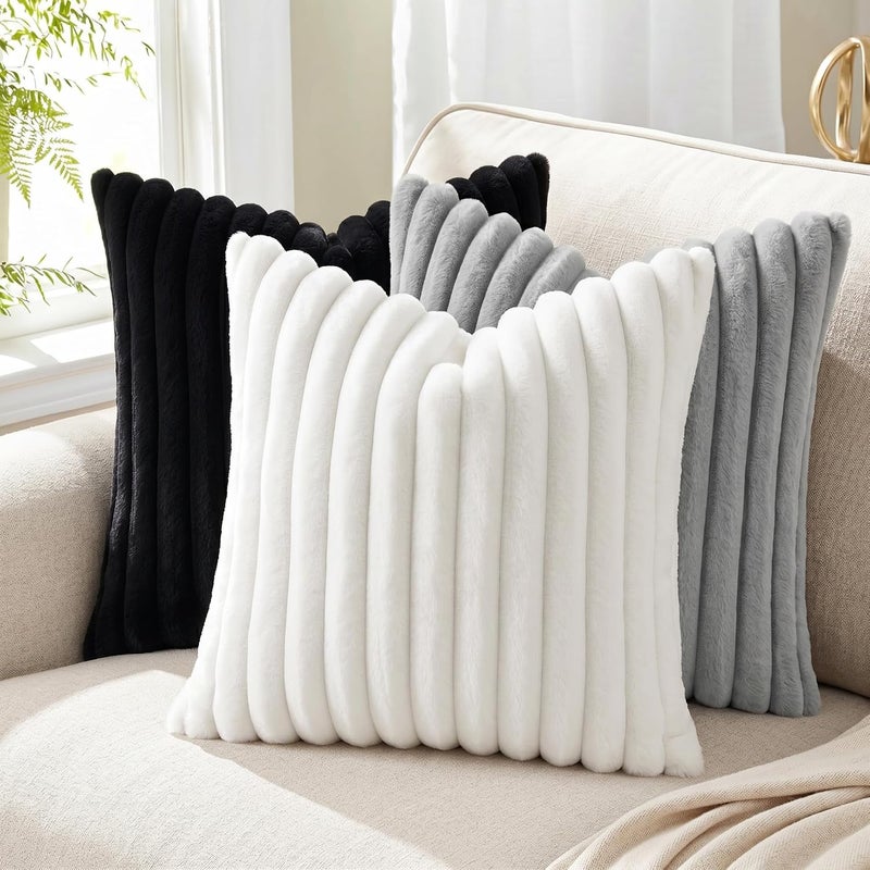 Pallene Faux Fur Plush Throw Pillow Covers 20x20 Set of 2, Luxury Soft Fluffy Striped Decorative Pillow Covers for Sofa, Couch, Living Room, Black - Image 3