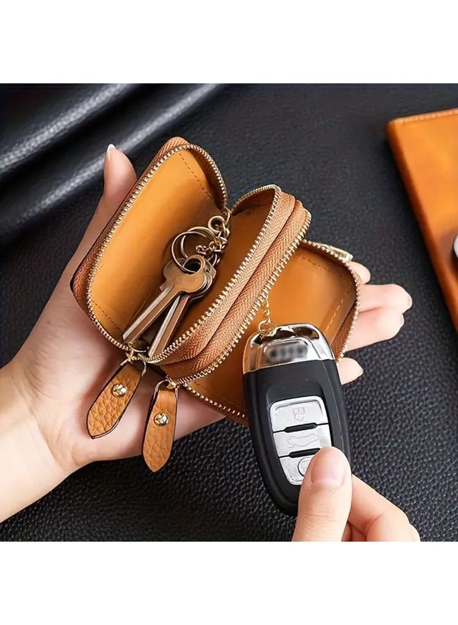 Red Leather Car Key Holder Double Layer Case Keychain Minimalist Dashboard Organizer - Image 1