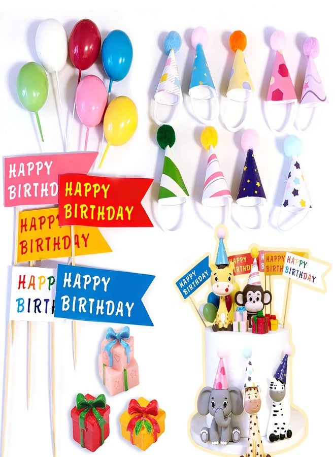 LEFUBABY 28 PCS Birthday Cake Toppers, Birthday Party Cupcake Toppers with Mini Hats Balls for Jungle Safari Dollhouse Themed Cake Decorations - Image 1