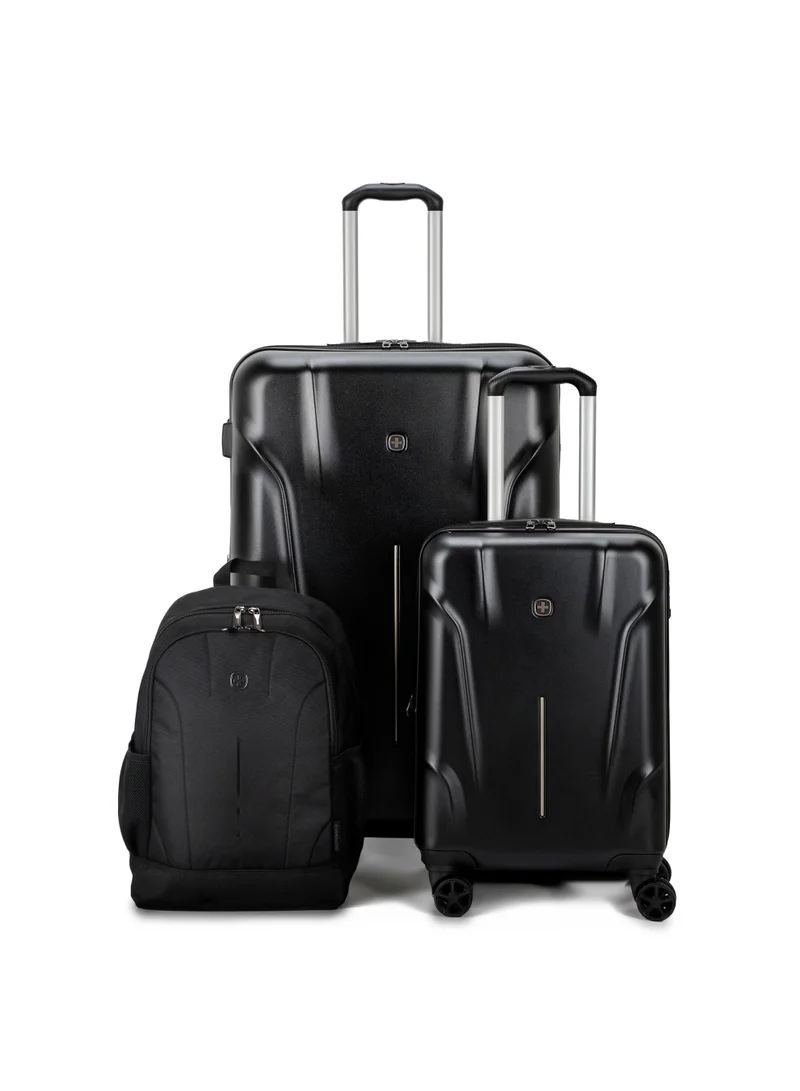 Wenger Ryon 3PC Hardside Luggage Set with Backpack – 81cm Large & 55cm Cabin Trolley, TSA Lock, Spinner Wheels, Lightweight – Black