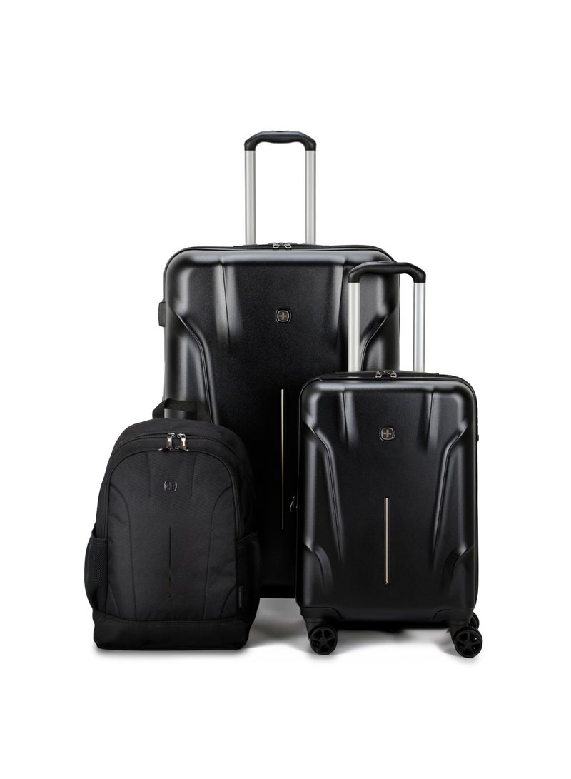 Wenger Ryon 3PC Hardside Luggage Set with Backpack – 81cm Large & 55cm Cabin Trolley, TSA Lock, Spinner Wheels, Lightweight – Black