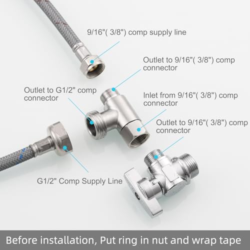 Tecmolog 3-way 3/8" and 1/2" 3 Way Adapter Tee Connector Stainless Steel 3/8" Water Line T Fitting Brushed Nickel, 1 PCS, SBA020B - Image 5