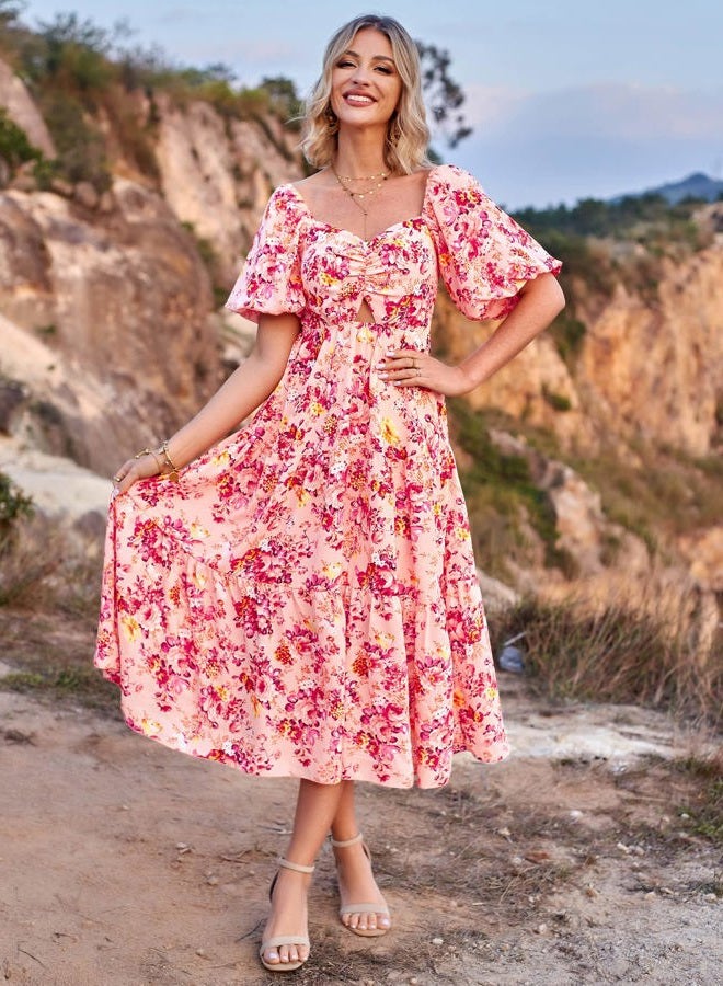 BTFBM Women Summer Dresses 2025 Casual Flowy Beach Square Neck Puff Short Sleeve Smocked Back Boho Floral Long Maxi Dress, Floral Pink Red, M - Image 3