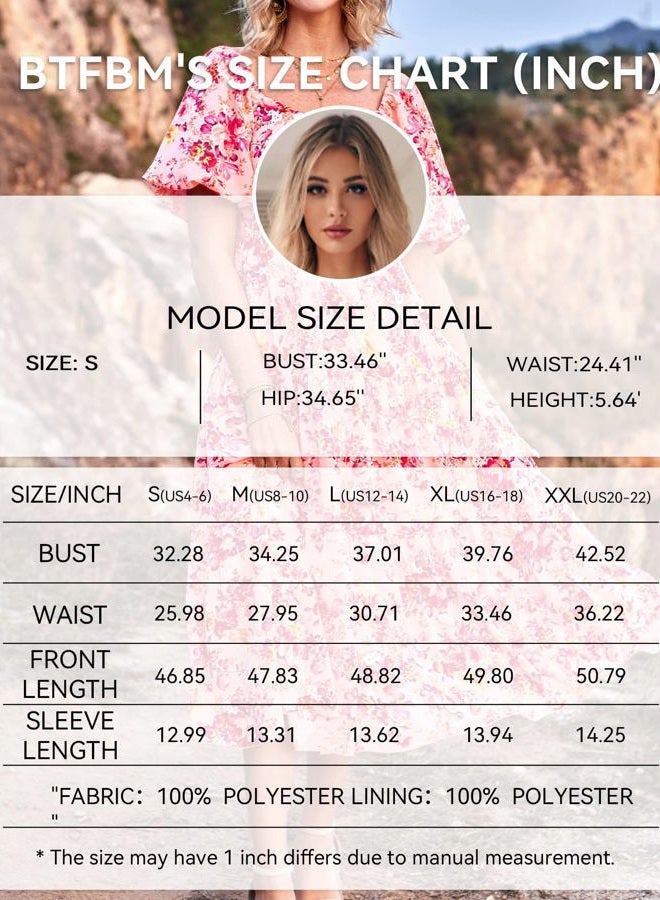 BTFBM Women Summer Dresses 2025 Casual Flowy Beach Square Neck Puff Short Sleeve Smocked Back Boho Floral Long Maxi Dress, Floral Pink Red, M - Image 5
