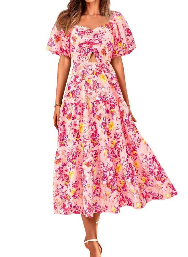 BTFBM Women Summer Dresses 2025 Casual Flowy Beach Square Neck Puff Short Sleeve Smocked Back Boho Floral Long Maxi Dress, Floral Pink Red, M - Image 1