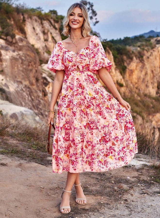 BTFBM Women Summer Dresses 2025 Casual Flowy Beach Square Neck Puff Short Sleeve Smocked Back Boho Floral Long Maxi Dress, Floral Pink Red, M - Image 2