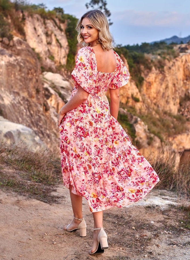 BTFBM Women Summer Dresses 2025 Casual Flowy Beach Square Neck Puff Short Sleeve Smocked Back Boho Floral Long Maxi Dress, Floral Pink Red, M - Image 4