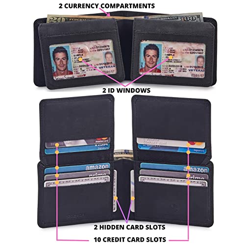 Cochoa Mens Wallet Real Leather Bifold RFID Blocking High Capacity Card Case with 2 ID Window in Gift Box (Crazy Horse, Black) - Image 3