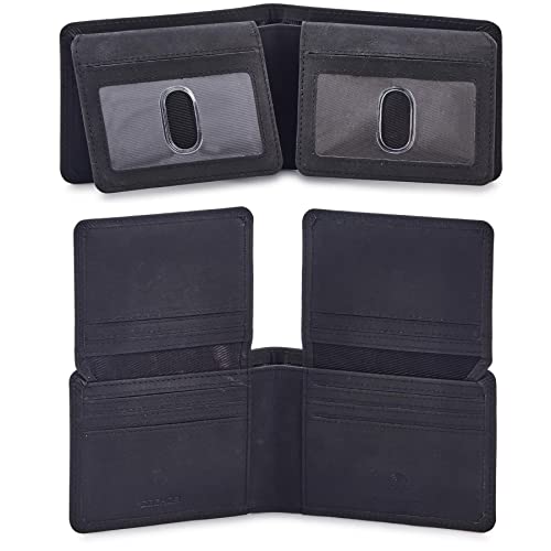 Cochoa Mens Wallet Real Leather Bifold RFID Blocking High Capacity Card Case with 2 ID Window in Gift Box (Crazy Horse, Black) - Image 1