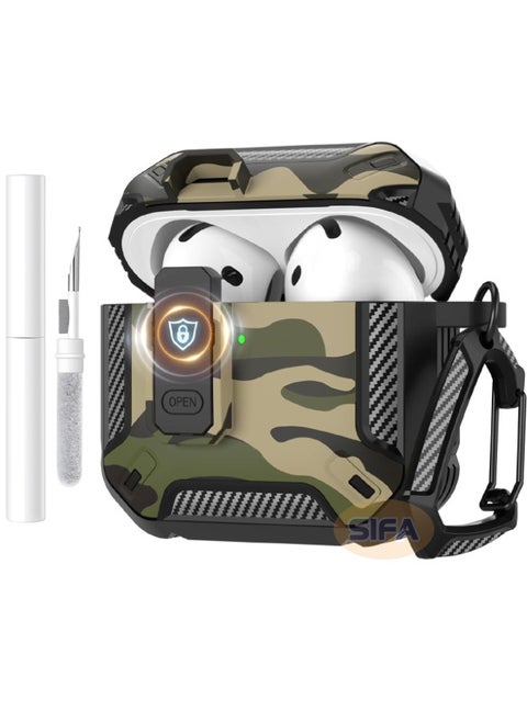 Airpods 4 Case, Airpods 4th Generation Case with Lock, Airpods 4 Generation Case Cover with Cleaner Kit, Hard Shell Rugged Shockproof Cover with Keychain Apple Airpods 4 2024 (Camo Green)