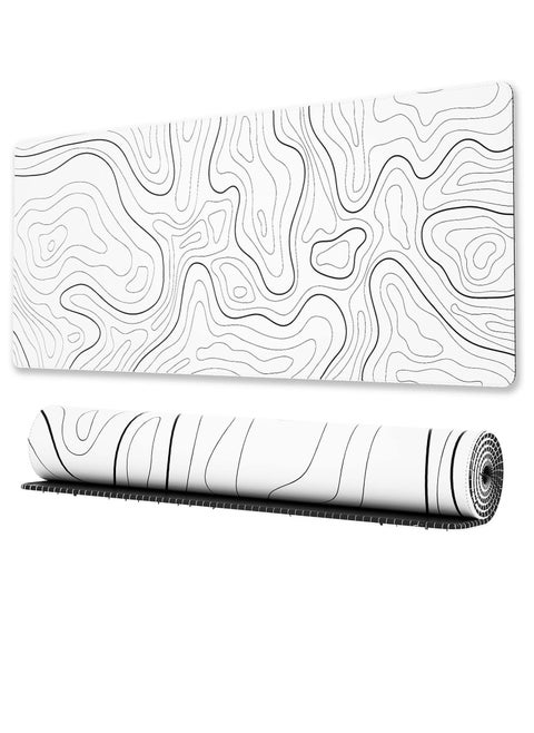 Large Gaming Mouse Pad with Stitched Edges, XL Desk Mat with Topographic Map Design, Extended Mousepad with Anti-Slip, Desk Pad Base for Keyboard and Mouse, 800*300*2MM, White