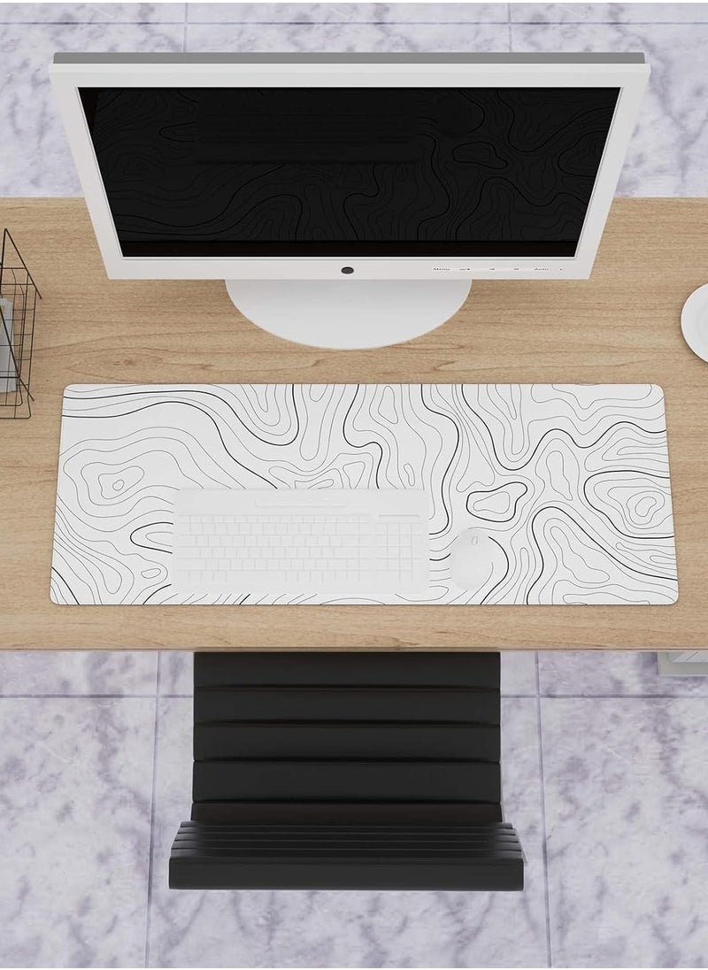 Large Gaming Mouse Pad with Stitched Edges, XL Desk Mat with Topographic Map Design, Extended Mousepad with Anti-Slip, Desk Pad Base for Keyboard and Mouse, 800*300*2MM, White